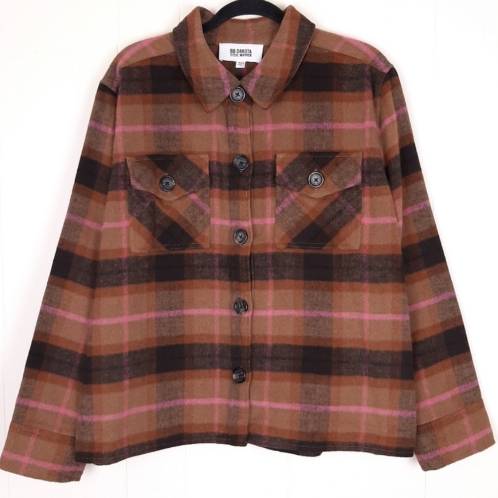 BB Dakota X Steve Madden Shacket Brown Pink Black Plaid XL